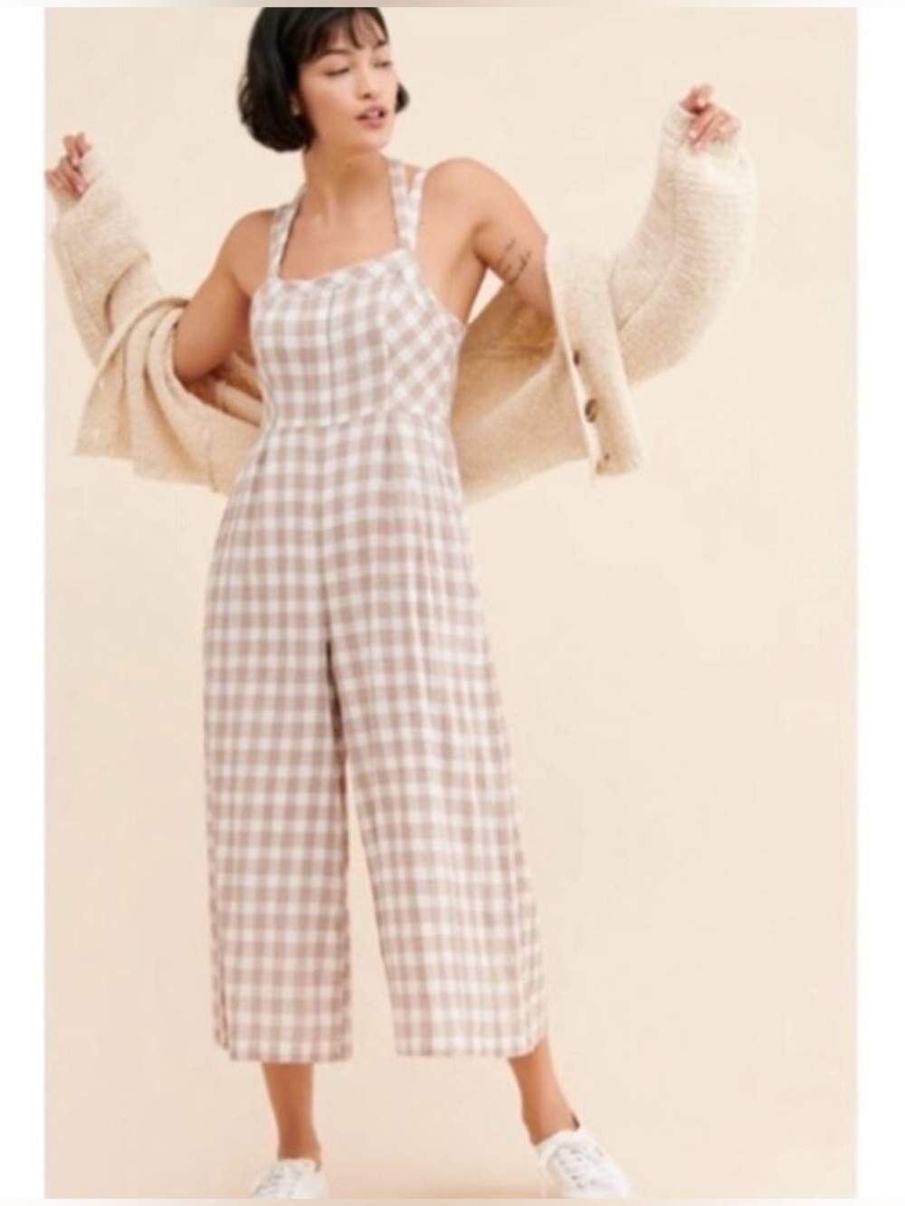 Free People Zuzu Romper Wide Leg Crop Gingham Adjustable Tie✨ Womens NWT $148.00